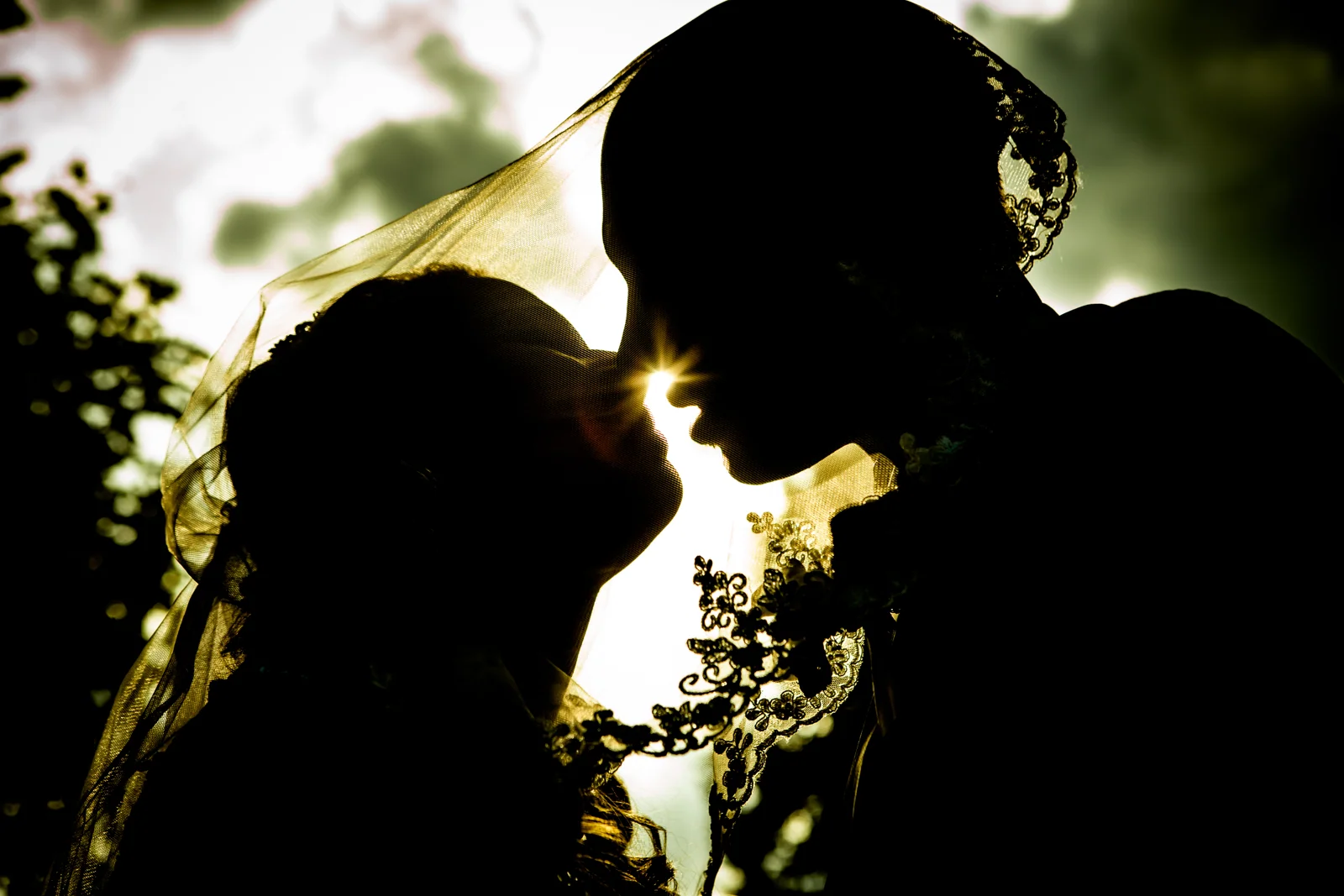 Ein Kuss als Silhouette im Gegenlicht – Hochzeitsreportage von Basti und Debbi
