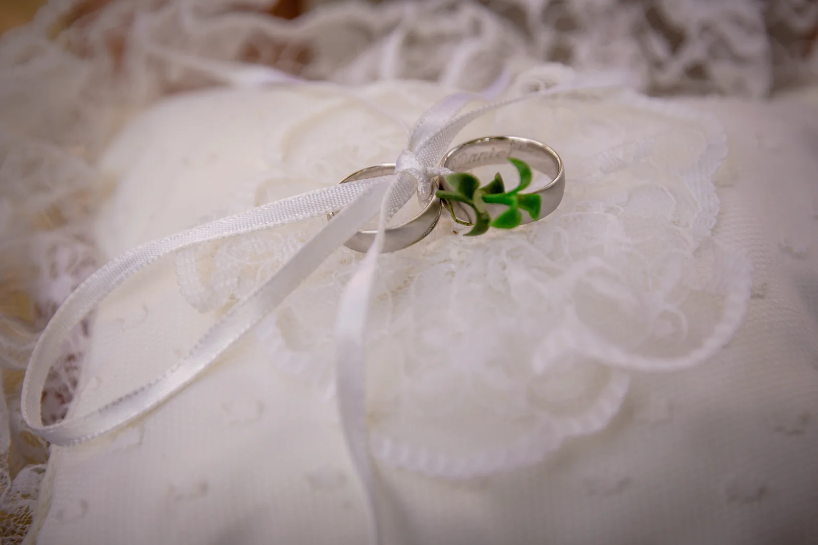Die Eheringe auf dem Ringkissen – Hochzeit von Daniel und Katharina in Emskirchen – Schloss Brunn