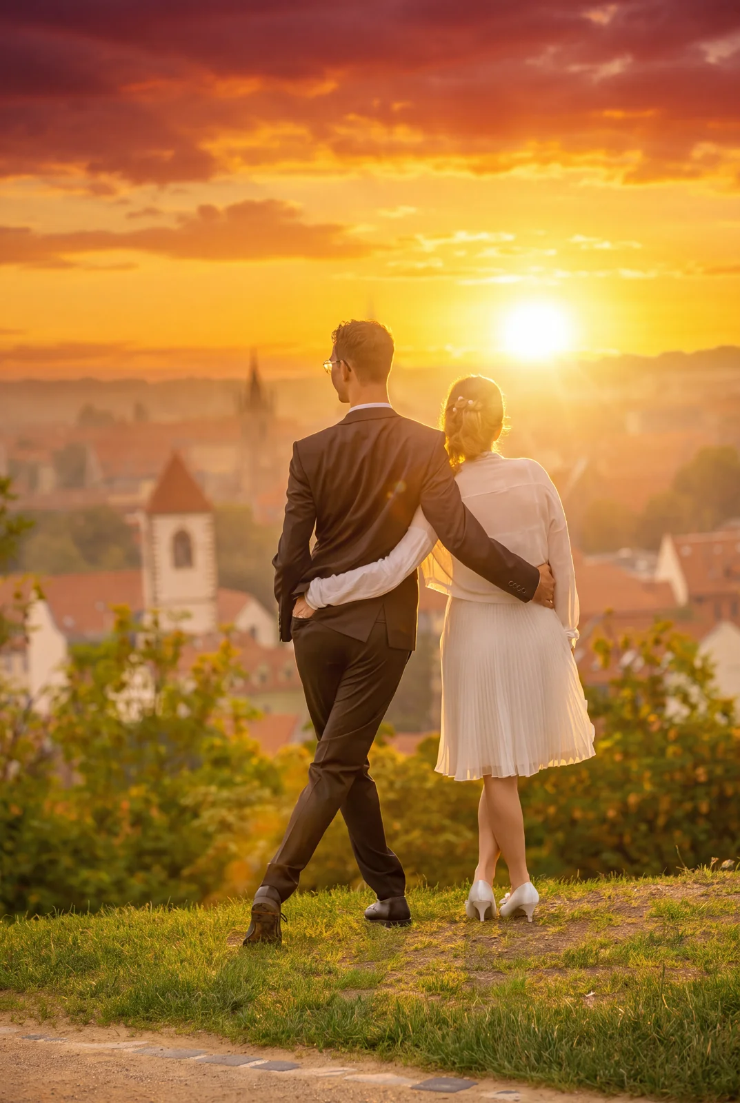 Spontaner Halt am Petersberg im Sonnenuntergang – Hochzeit von Virginie und Benjamin in Erfurt
