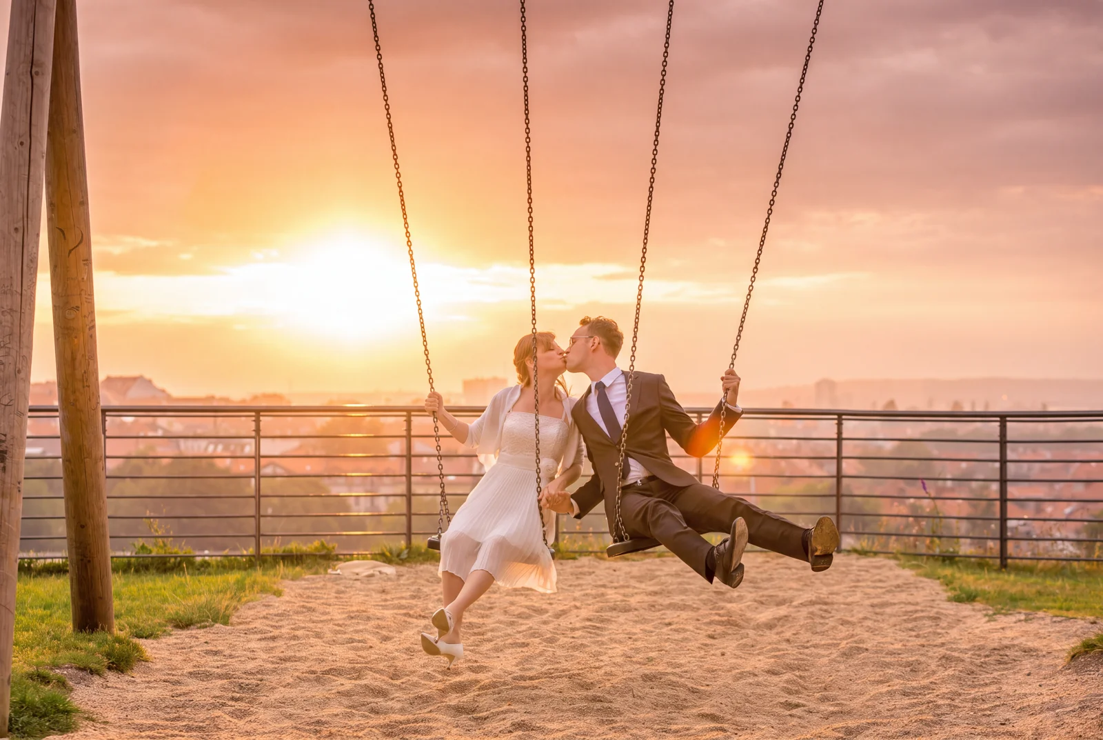 Zusammen auf der Schaukel im Abendlicht – Hochzeit von Virginie und Benjamin in Erfurt