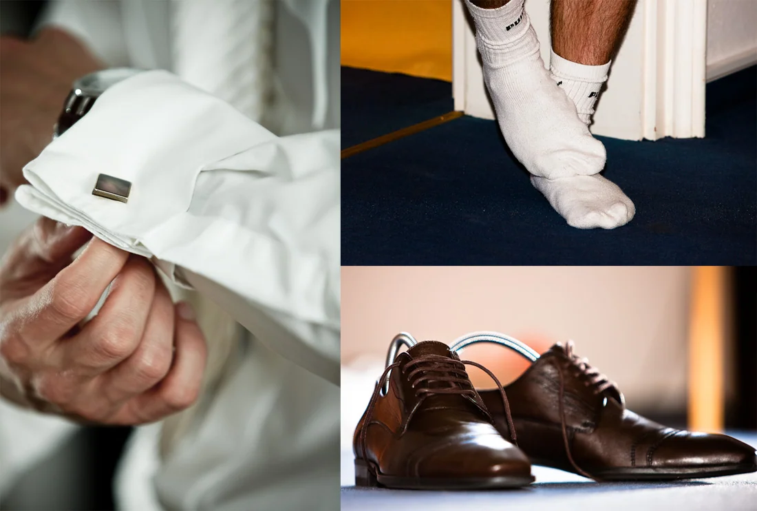 Details von Hemd, Brautschuhen und Bräutigamschuhen – Hochzeitsreportage von Anna und Jan